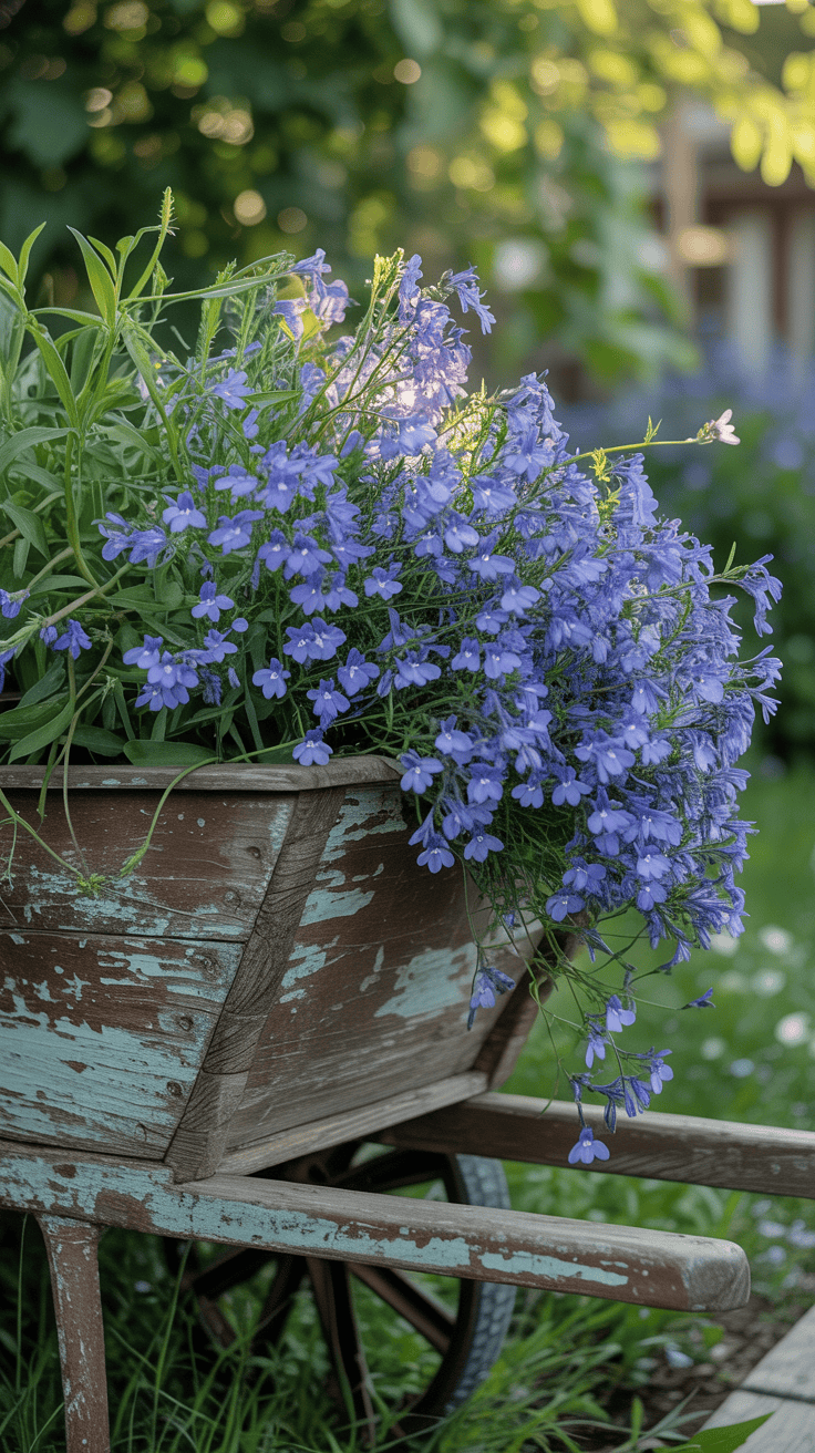 Vintage wooden wheelbarrow overflowing with trailing blue lobelia flowers