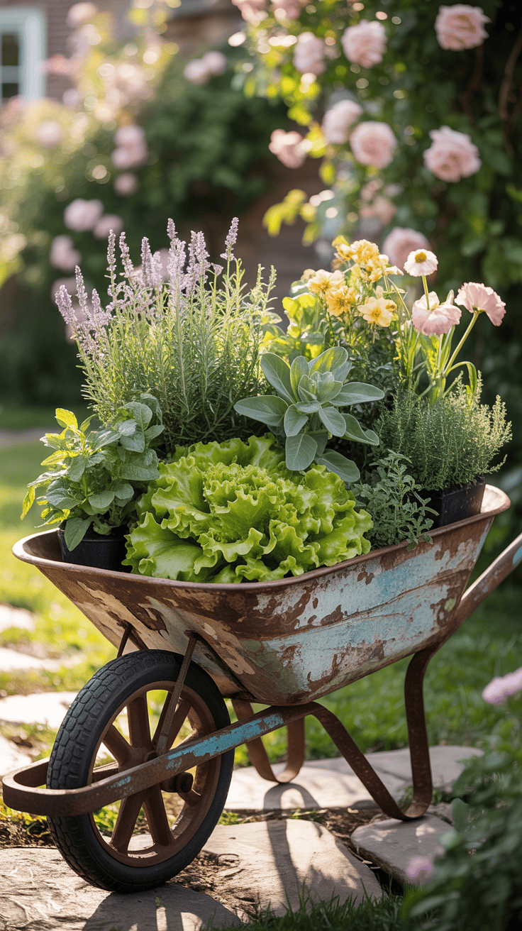 Vintage wheelbarrow planted with herbs lettuce and edible flowers in a cottage garden