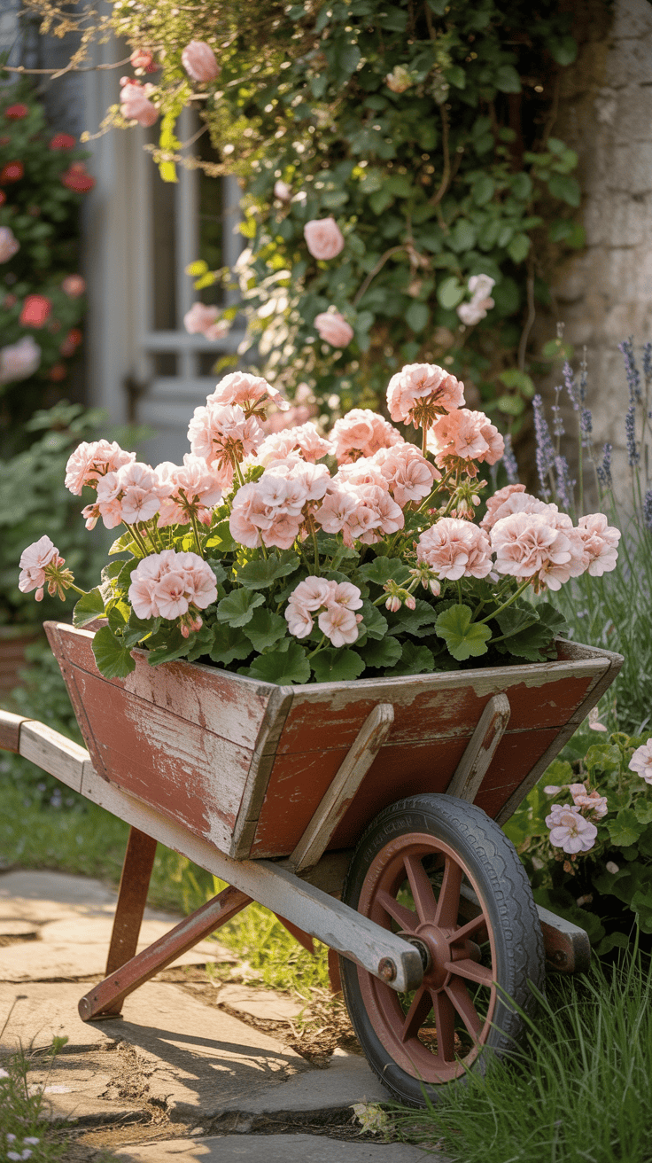 Vintage wheelbarrow overflowing with soft pink geraniums in a charming cottage garden