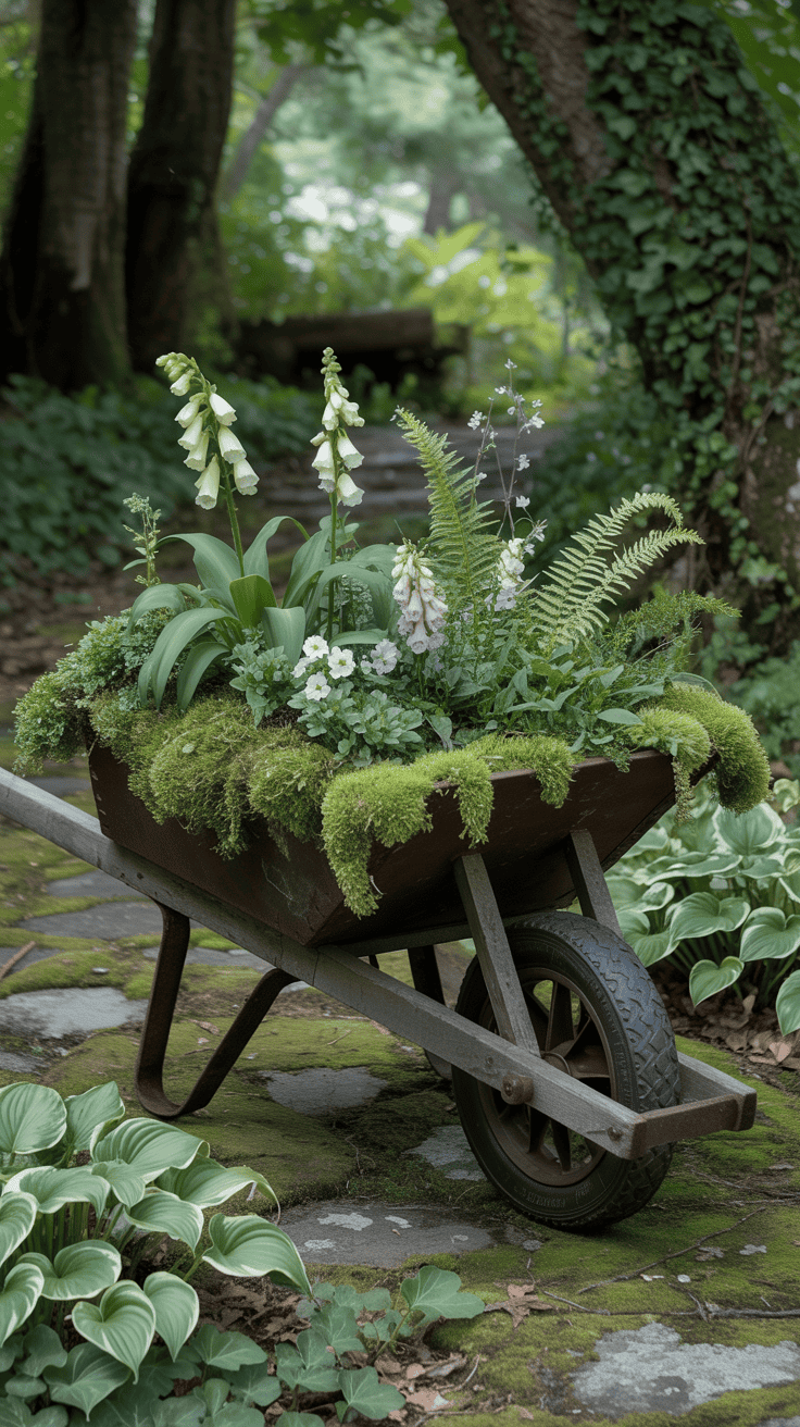 Antique moss covered wheelbarrow planted with woodland flowers in a shaded garden