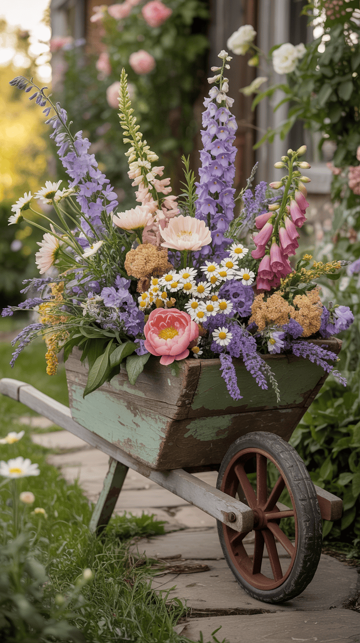 Vintage wheelbarrow overflowing with foxgloves daisies delphiniums and colorful cottage perennials