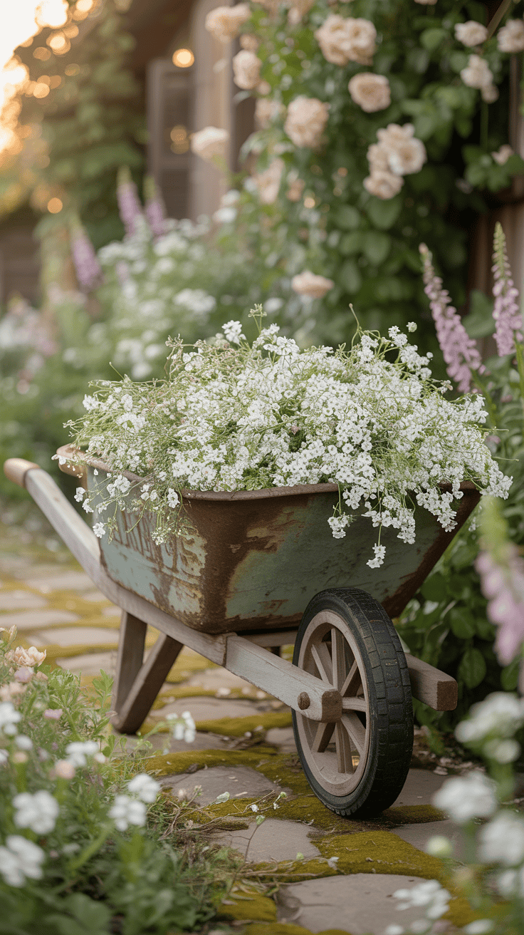 Vintage wheelbarrow overflowing with white alyssum and baby's breath in a romantic cottage garden