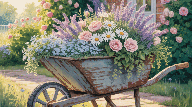 15 Vintage Wheelbarrow Planter Ideas for Cottage Gardens