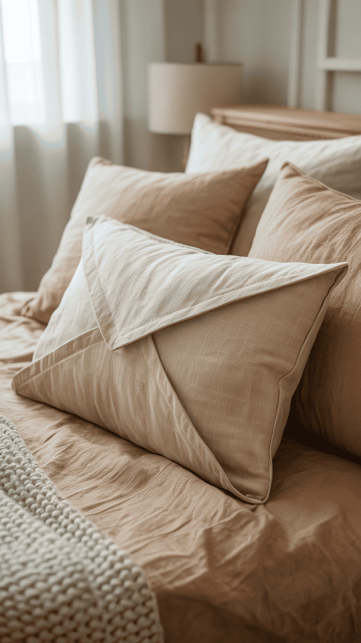 Handmade envelope style pillow covers sewn from soft linen fabric on a cozy bedroom bed