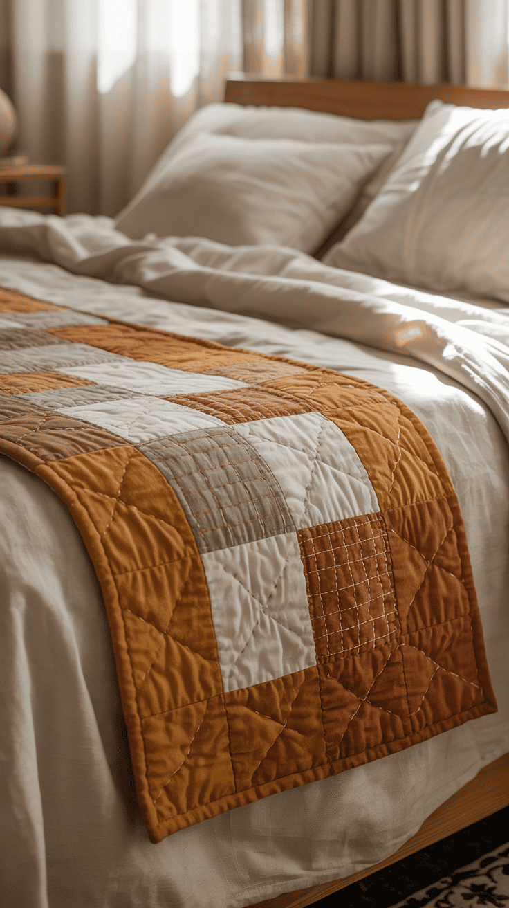 Handmade quilted bed runner folded neatly across the end of a cozy bedroom bed