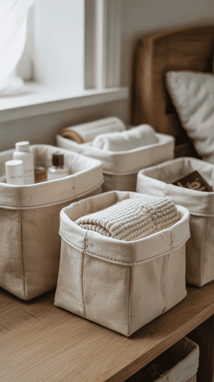 Handmade fabric storage baskets sewn from cotton canvas holding bedroom accessories