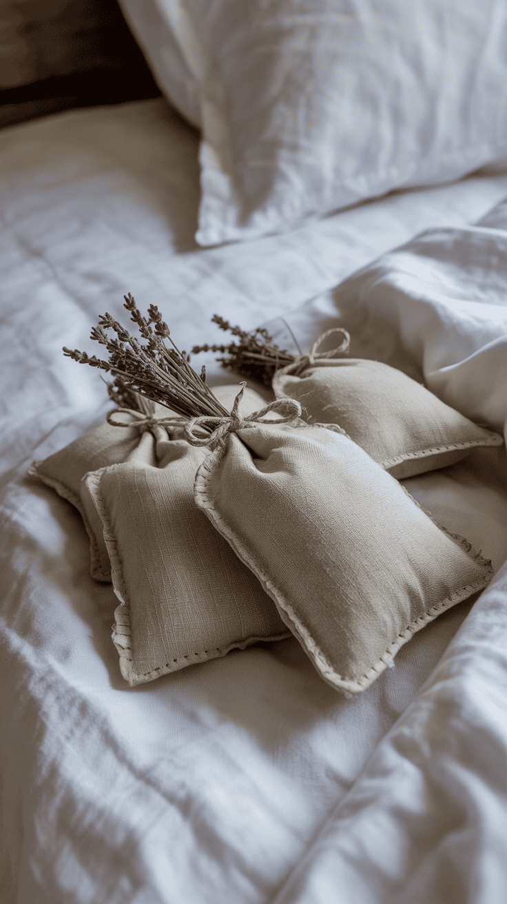 Handmade lavender sachets sewn from linen fabric resting on white bedroom bedding