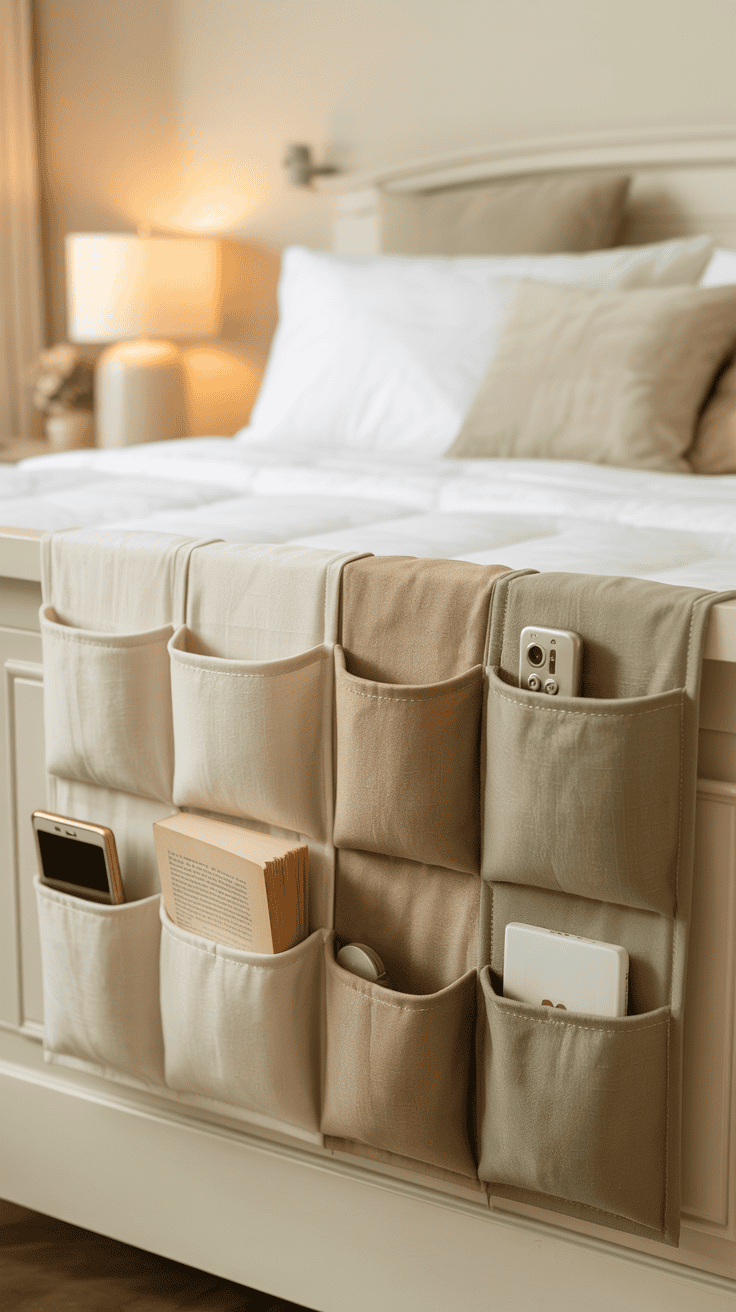 Fabric bedside hanging organiser sewn with multiple storage pockets beside a bed