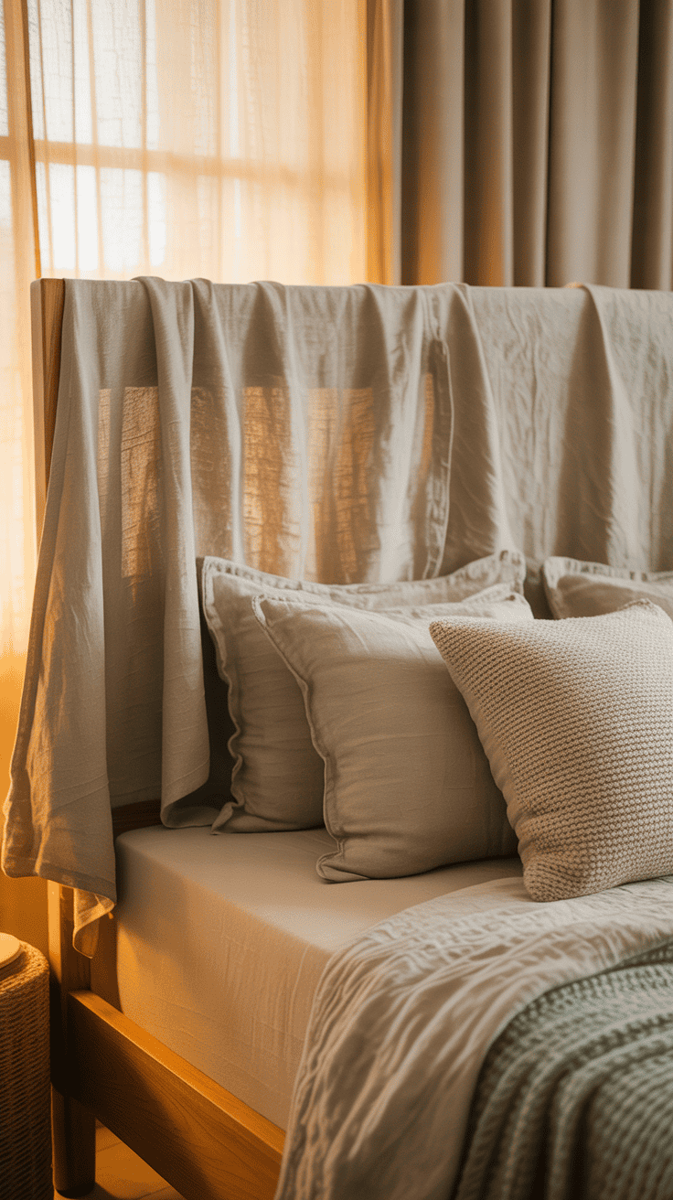 Handmade linen fabric headboard cover adding a cozy touch to a stylish bedroom