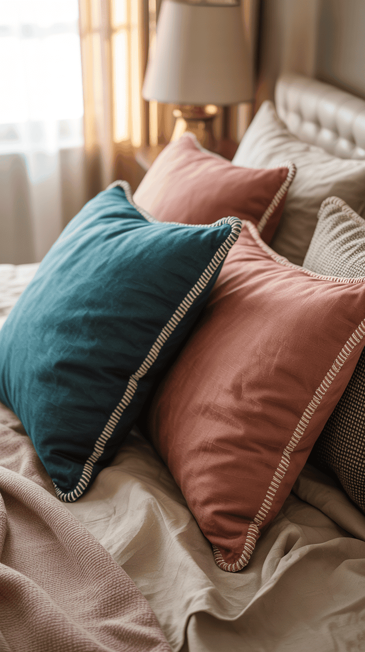 Handmade decorative cushion covers with piping displayed on a cozy bedroom bed