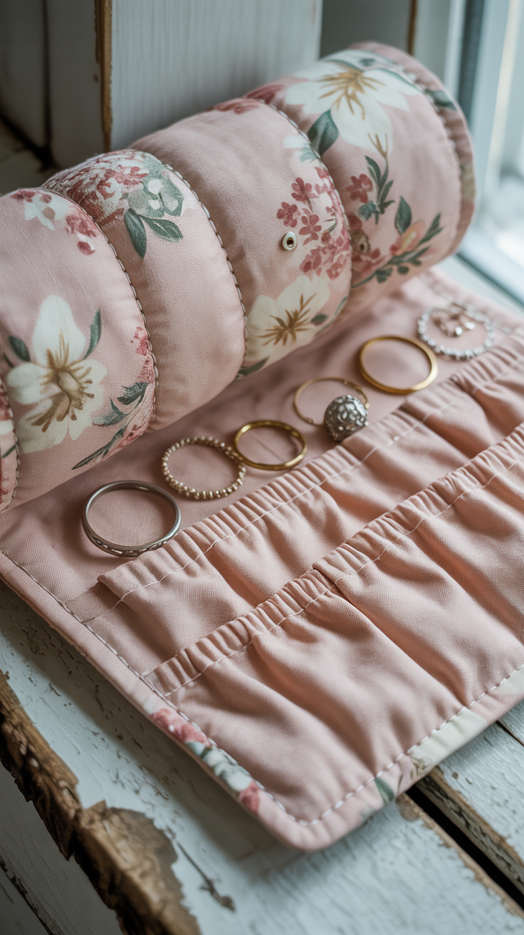 Handmade quilted jewellery roll sewn from floral cotton fabric