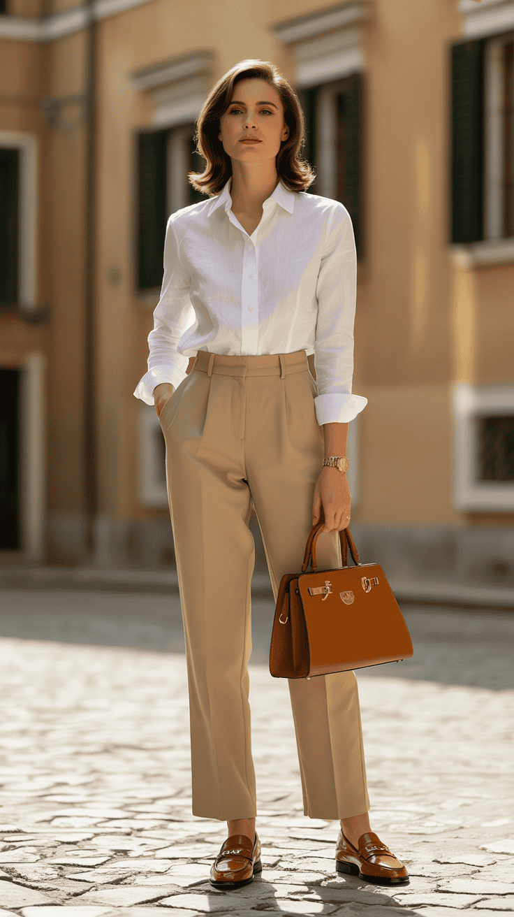 Woman wearing a white linen shirt tucked into tailored beige trousers with leather loafers and a structured handbag for an Italian old money outfit.