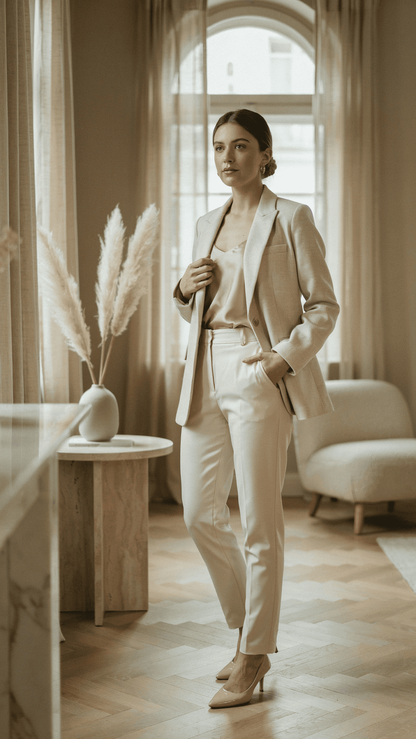 Elegant cream blazer layered over a champagne silk camisole with tailored trousers and leather heels.