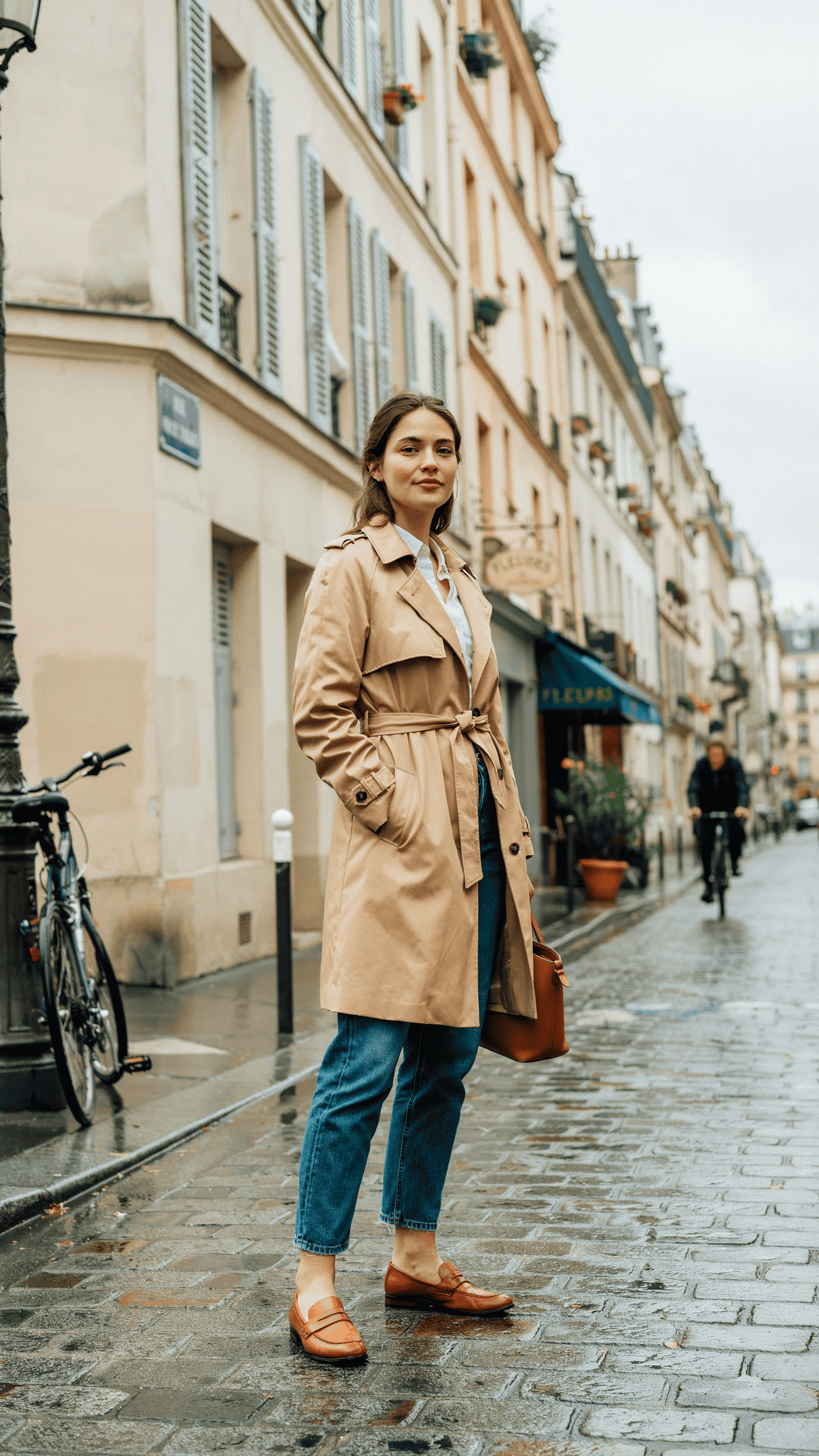 Classic camel trench coat layered over a white shirt and straight-leg jeans with leather loafers.
