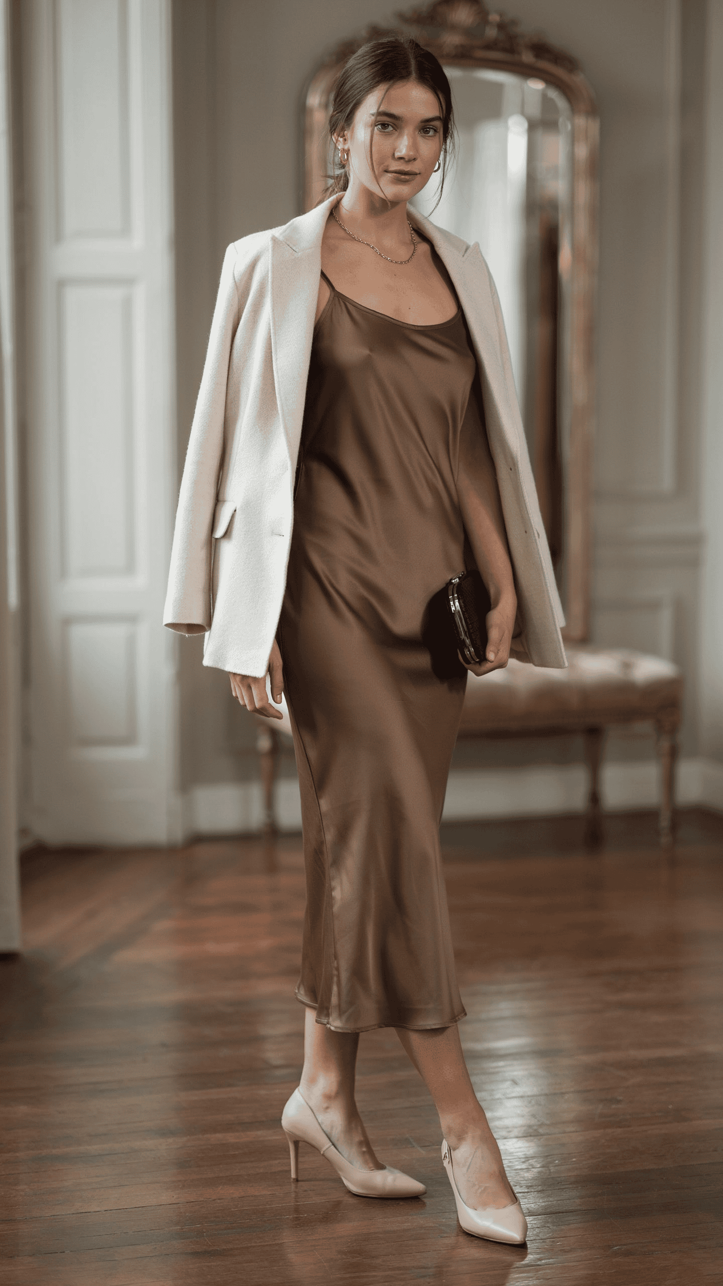 Chocolate brown satin slip dress layered with a cream blazer and nude heels for an elegant evening outfit.