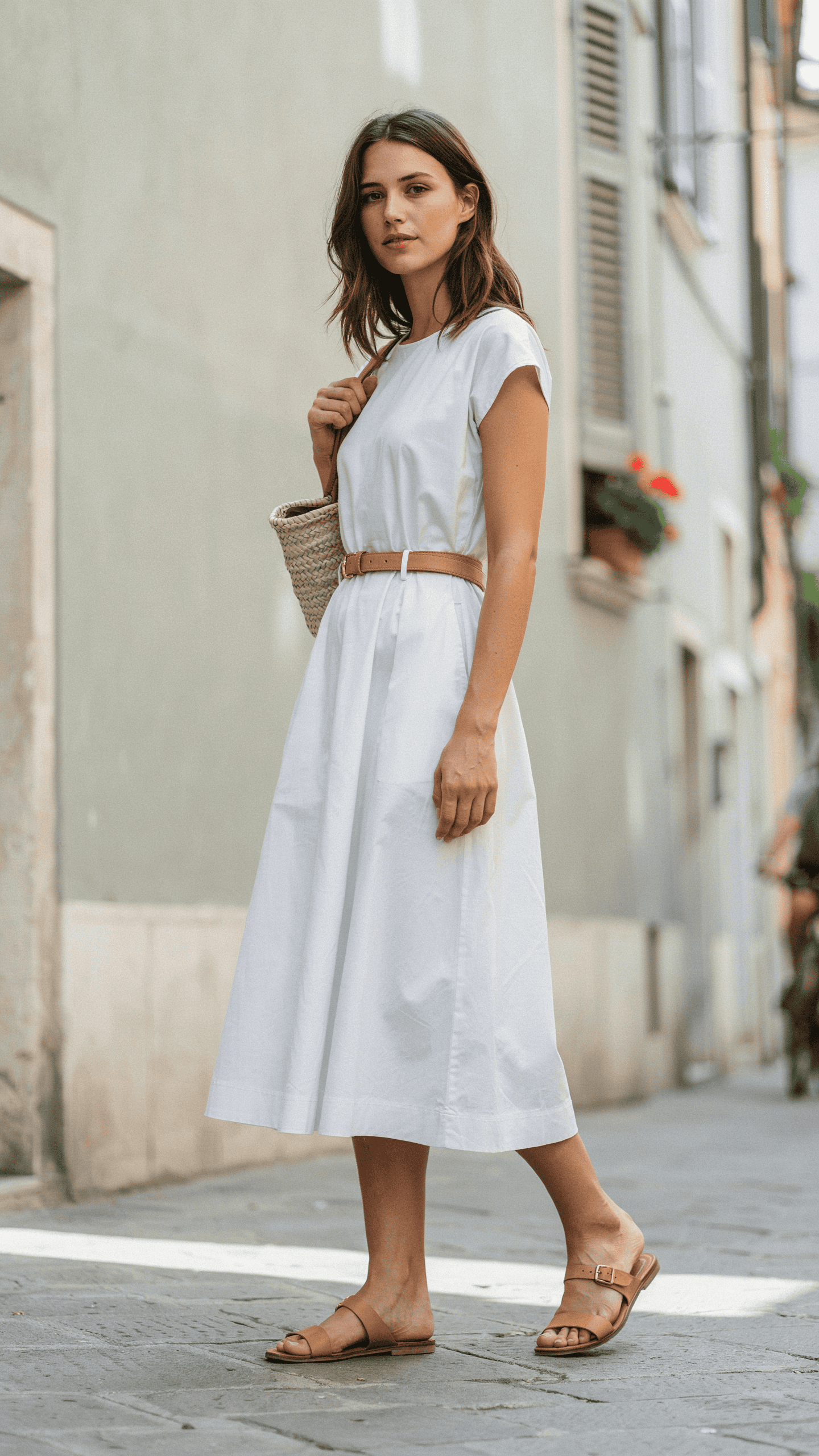 White cotton midi dress with a tan leather belt, woven handbag, and flat leather sandals.