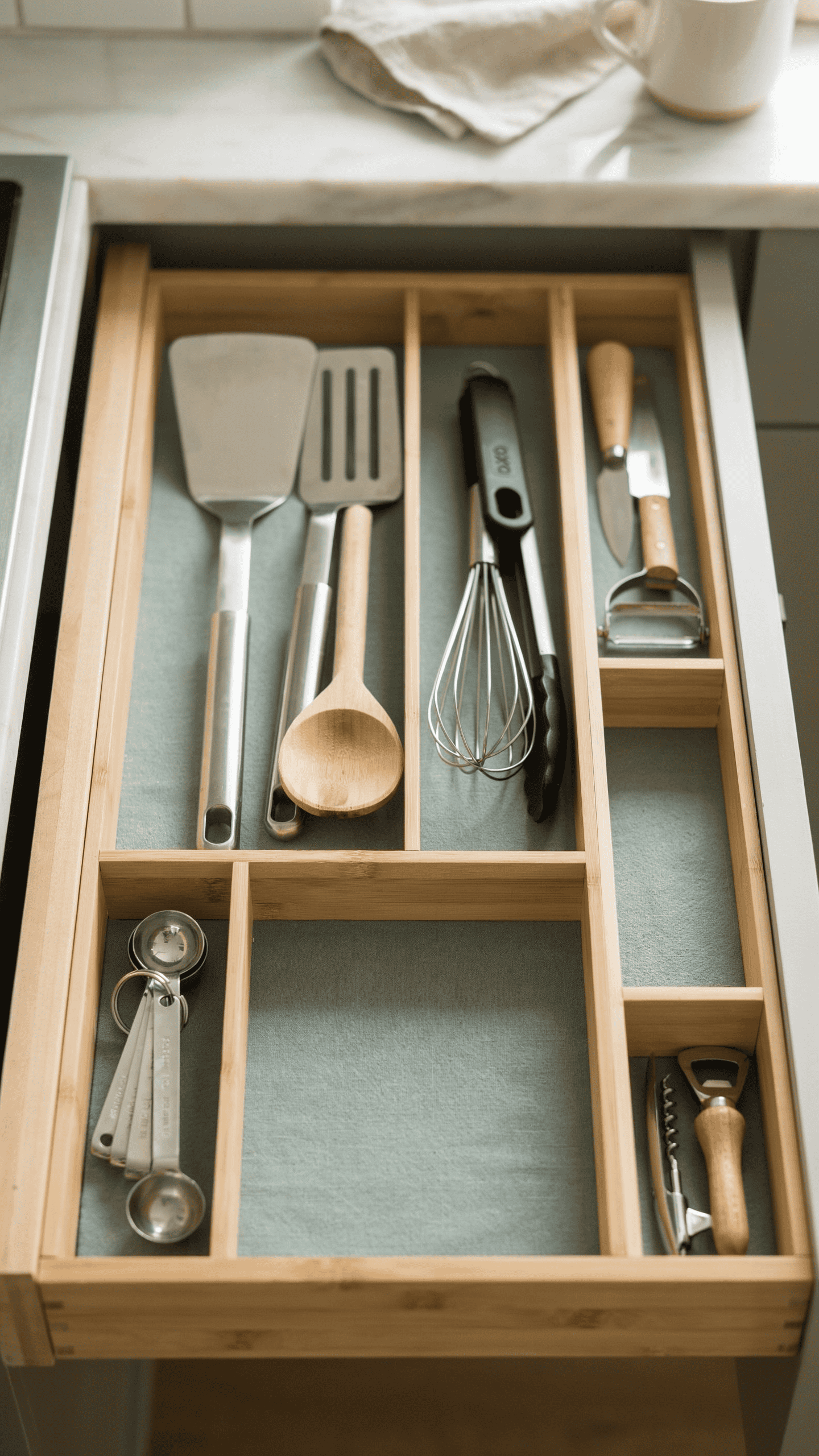 Neatly organized kitchen utensil drawer with decluttered compartments and everyday cooking tools.