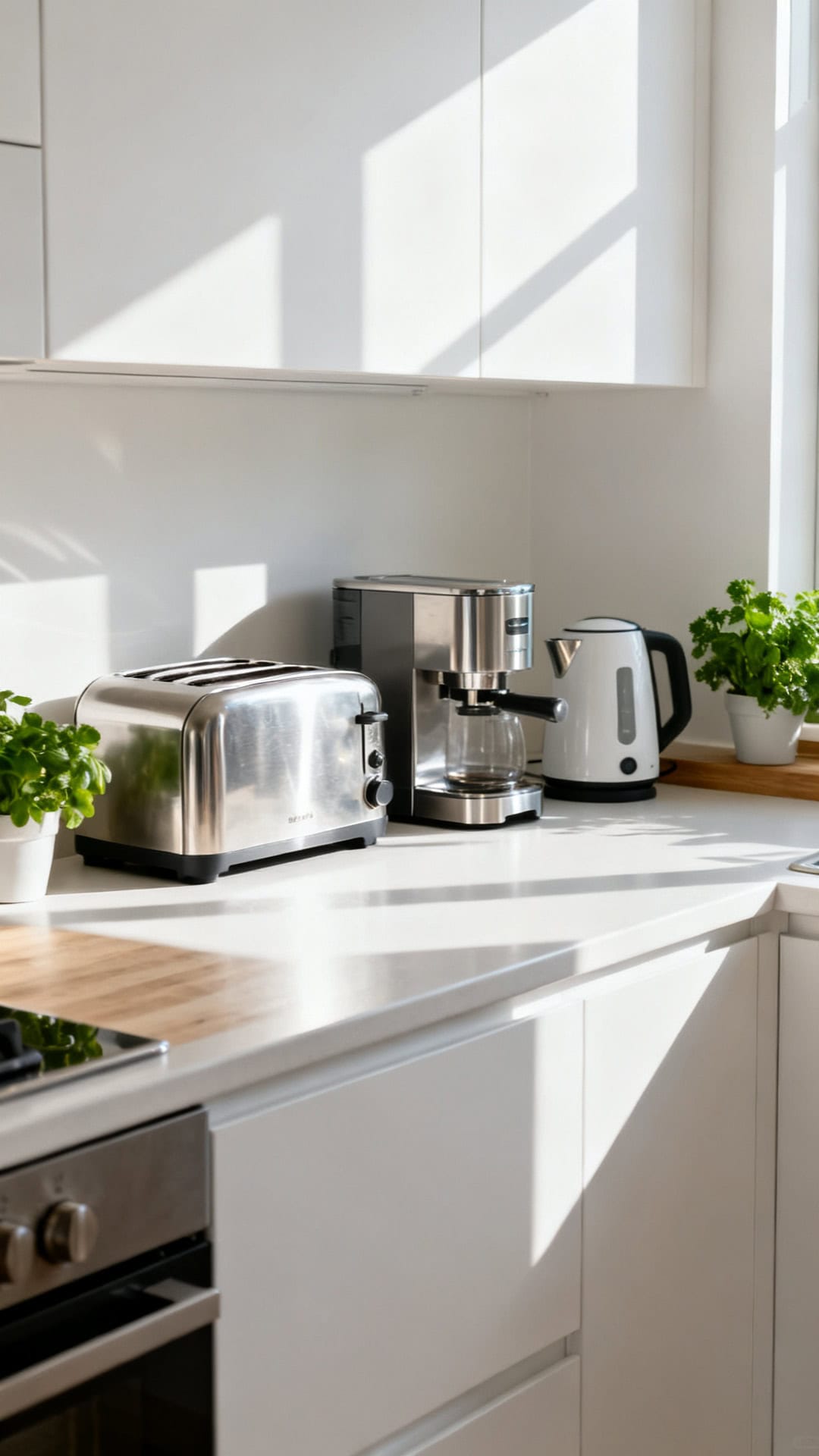 Bright decluttered kitchen countertop with only essential appliances and plenty of open workspace.