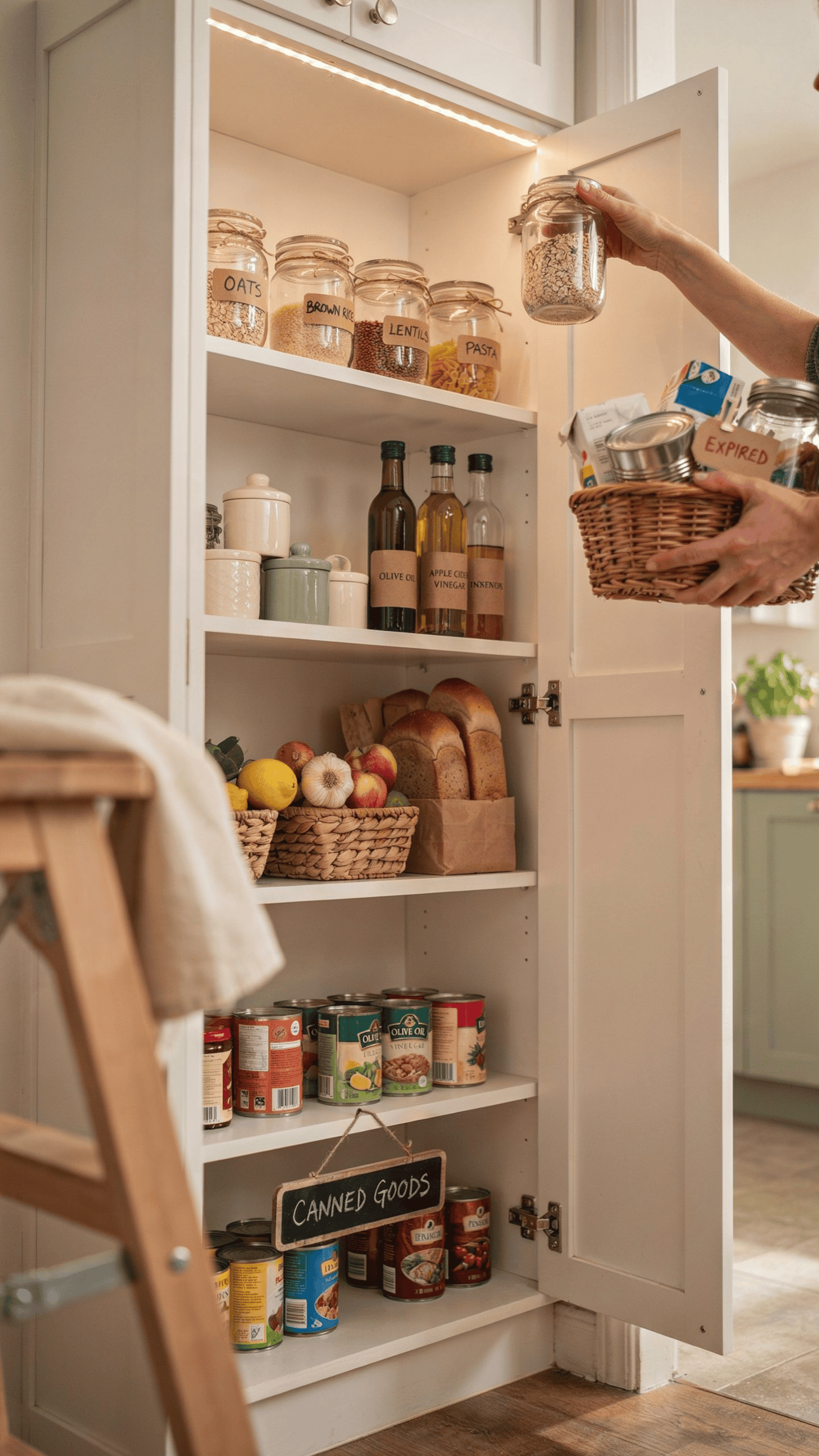 Organized pantry with expired food being removed and fresh pantry staples neatly arranged.