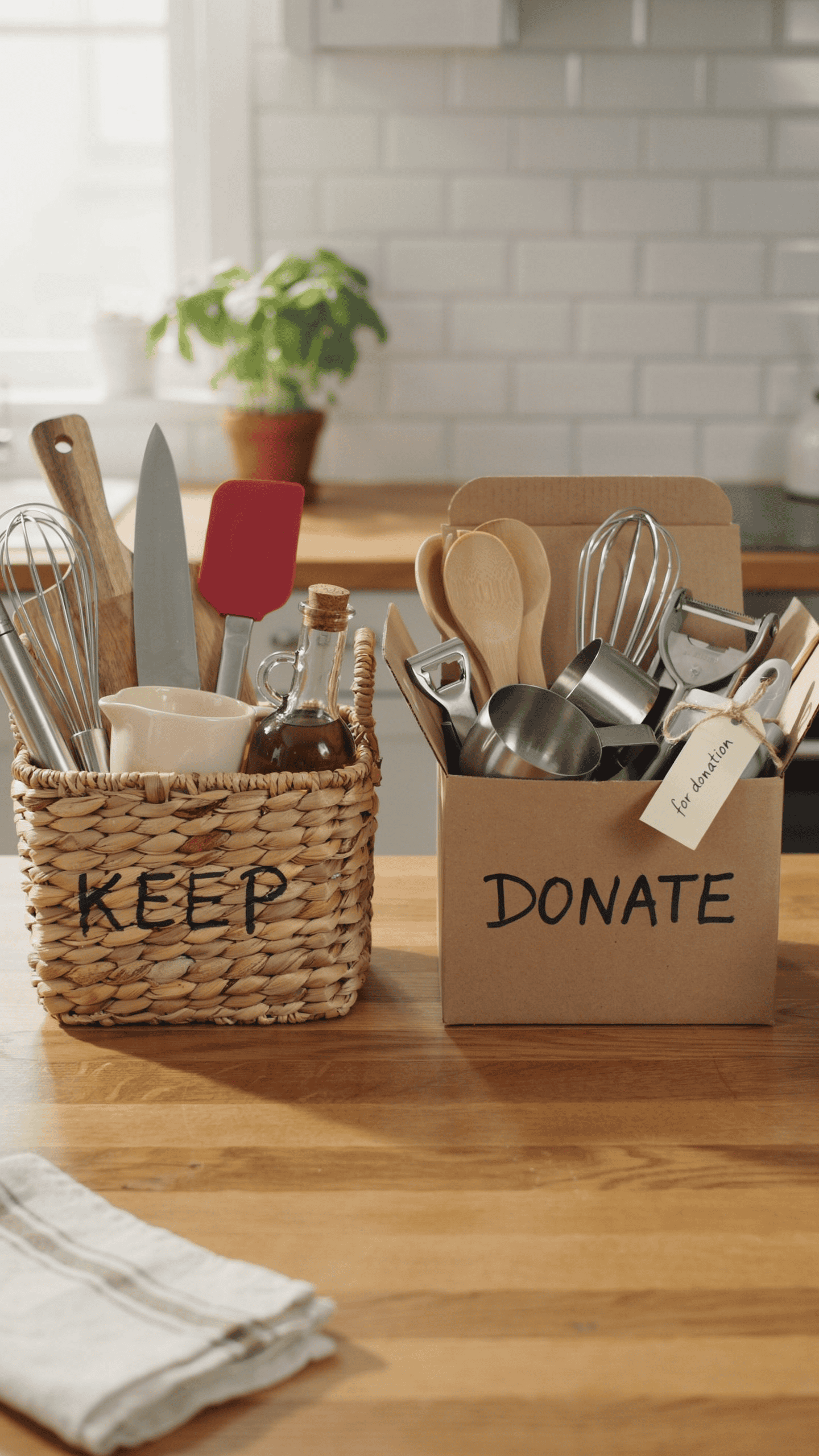 Kitchen gadgets sorted into keep and donate piles with duplicate utensils ready for donation.