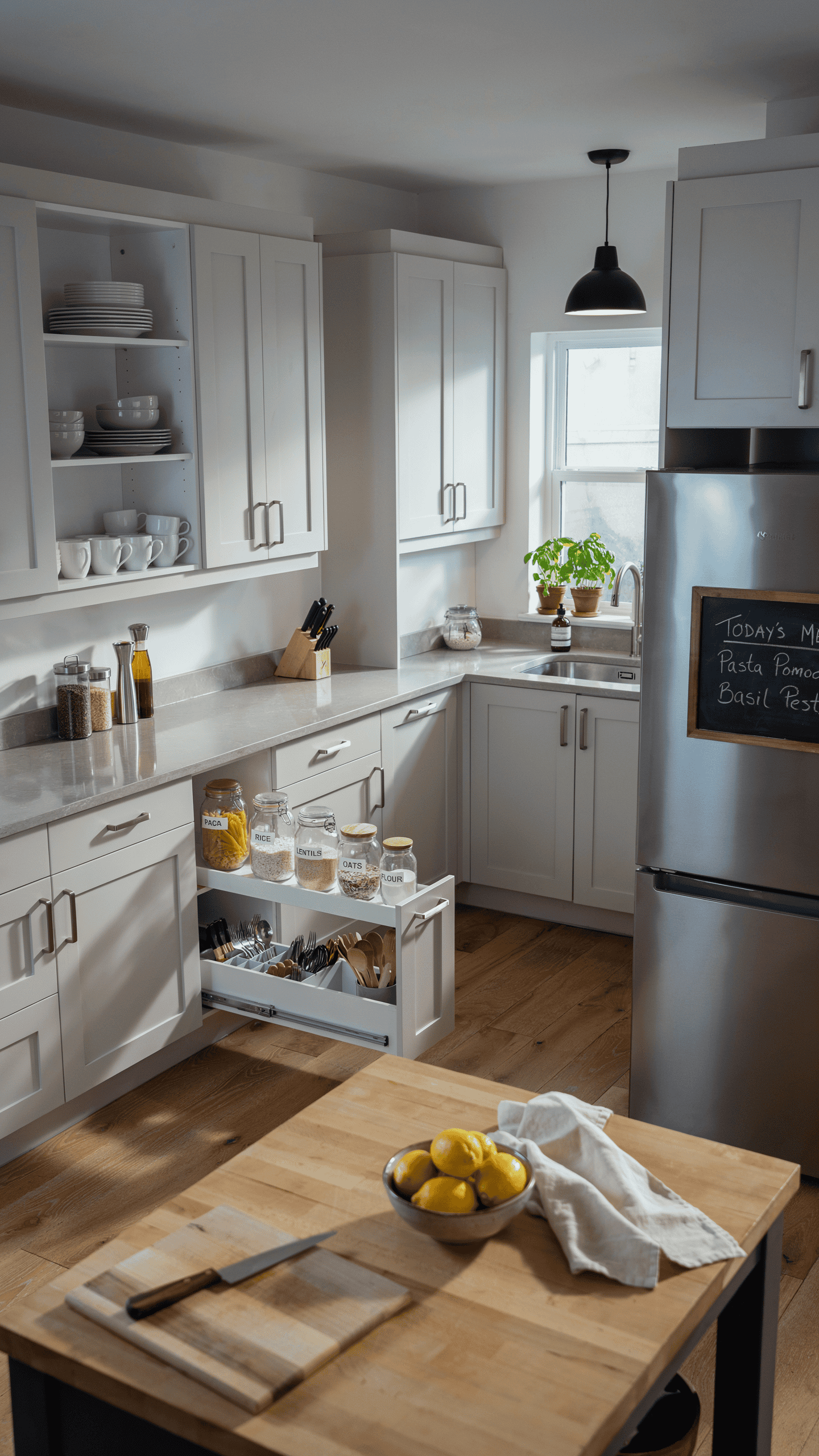 Well-organized kitchen with dedicated storage areas for dishes, pantry items, and cooking essentials.