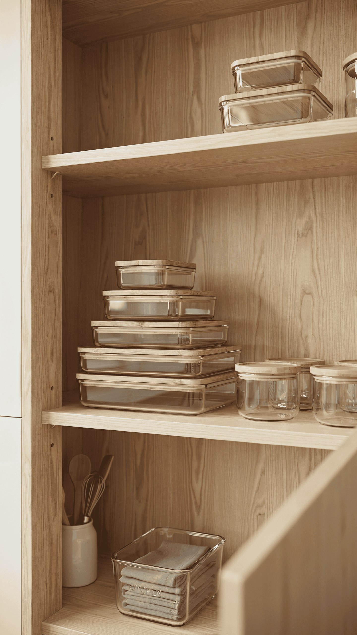 Matching food storage containers and lids neatly stacked inside an organized kitchen cabinet.