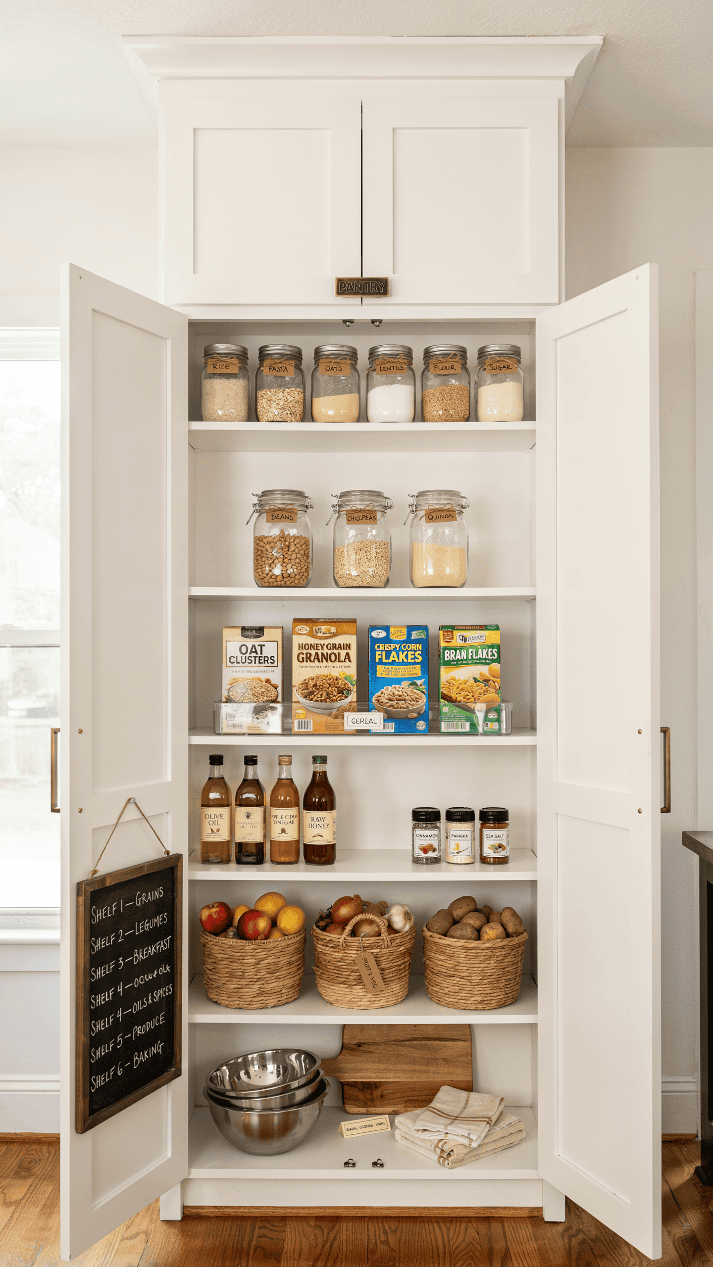 Beautifully organized pantry with food grouped into labeled categories for easy access.