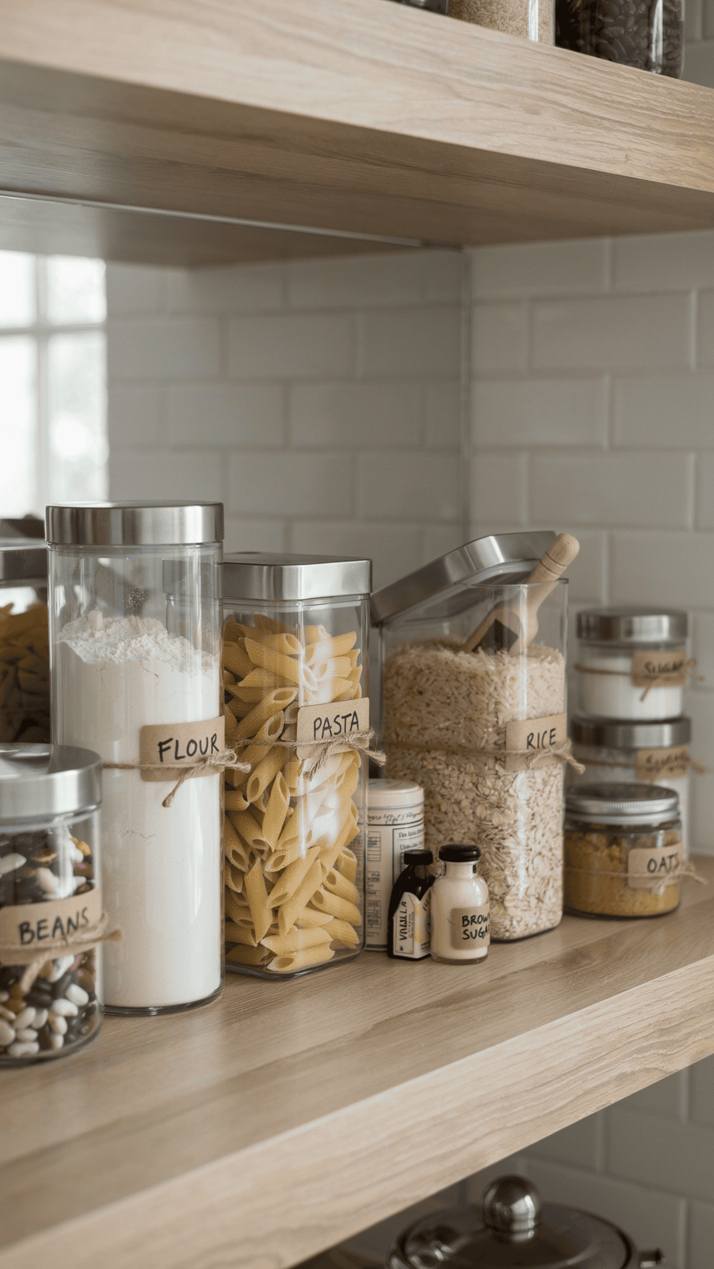 Clear pantry storage containers neatly filled with flour, pasta, rice, cereal, and baking ingredients.