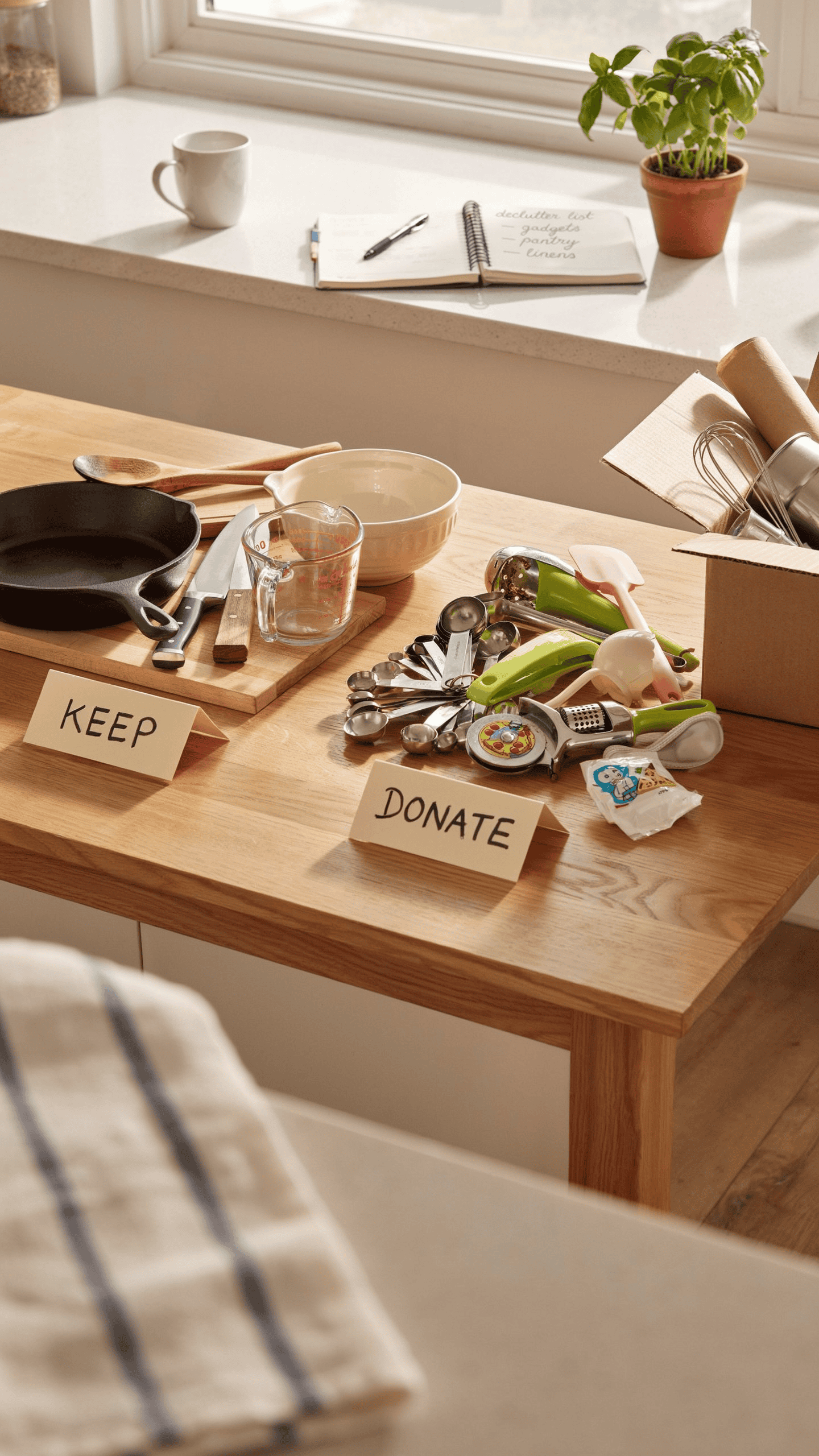 Kitchen gadgets sorted into keep and donate piles during a decluttering session.
