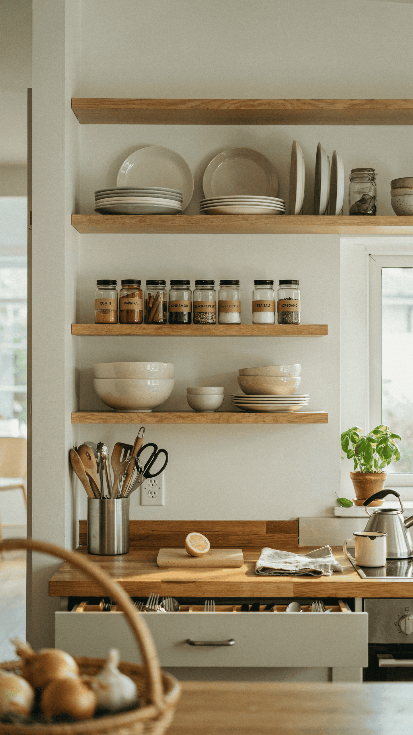 Well-organized kitchen with everyday dishes, utensils, and spices stored within easy reach.