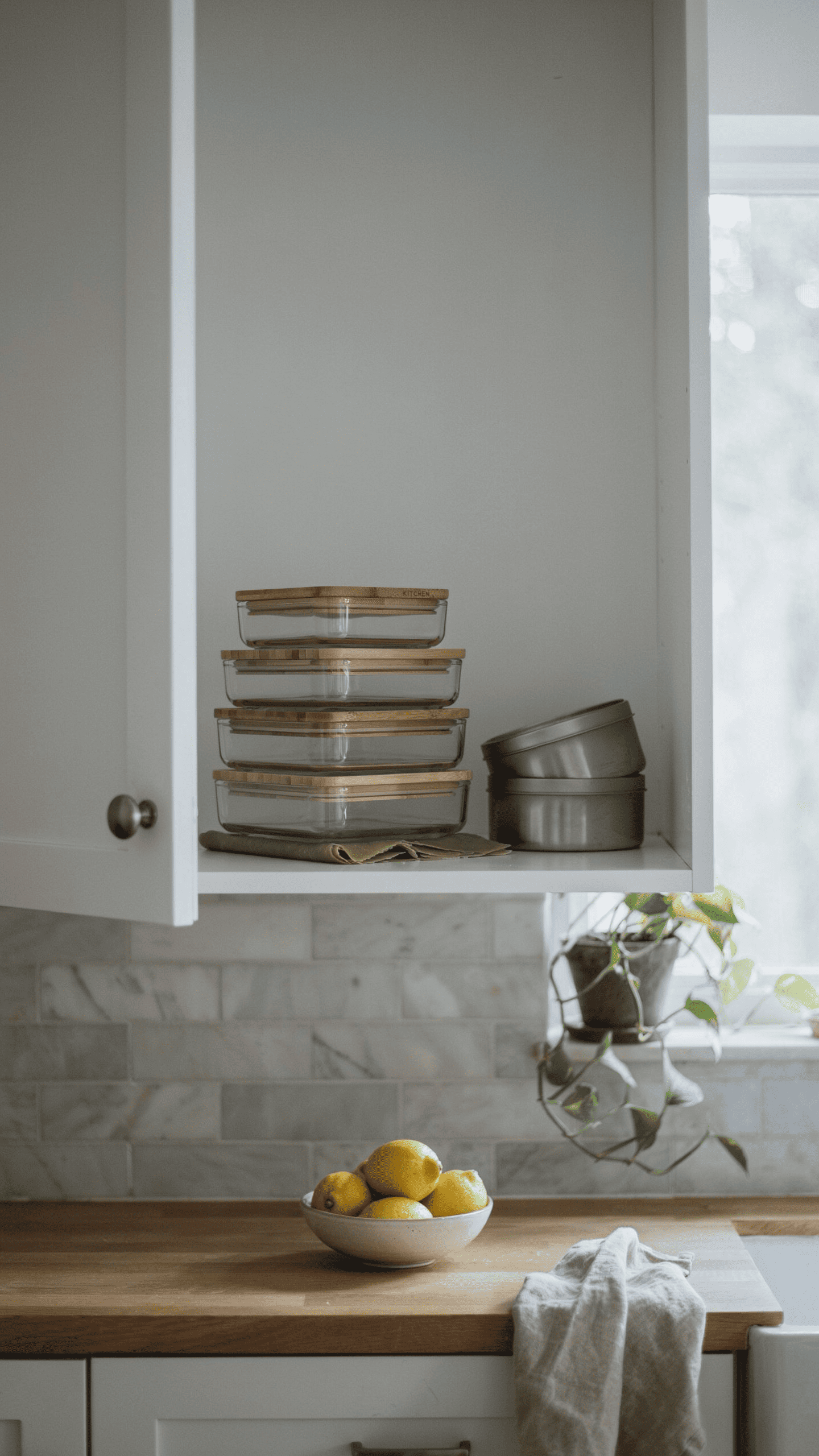Kitchen cabinet with only a few neatly stacked reusable food containers instead of cluttered plastic tubs.