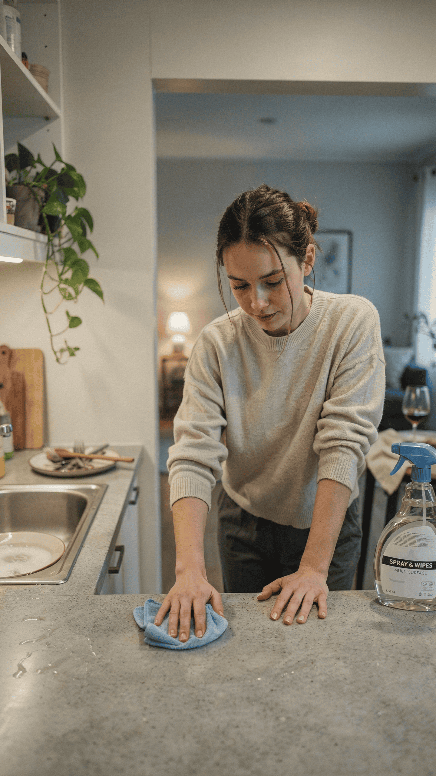 Person wiping clean kitchen countertops during a quick five-minute evening tidy-up routine.