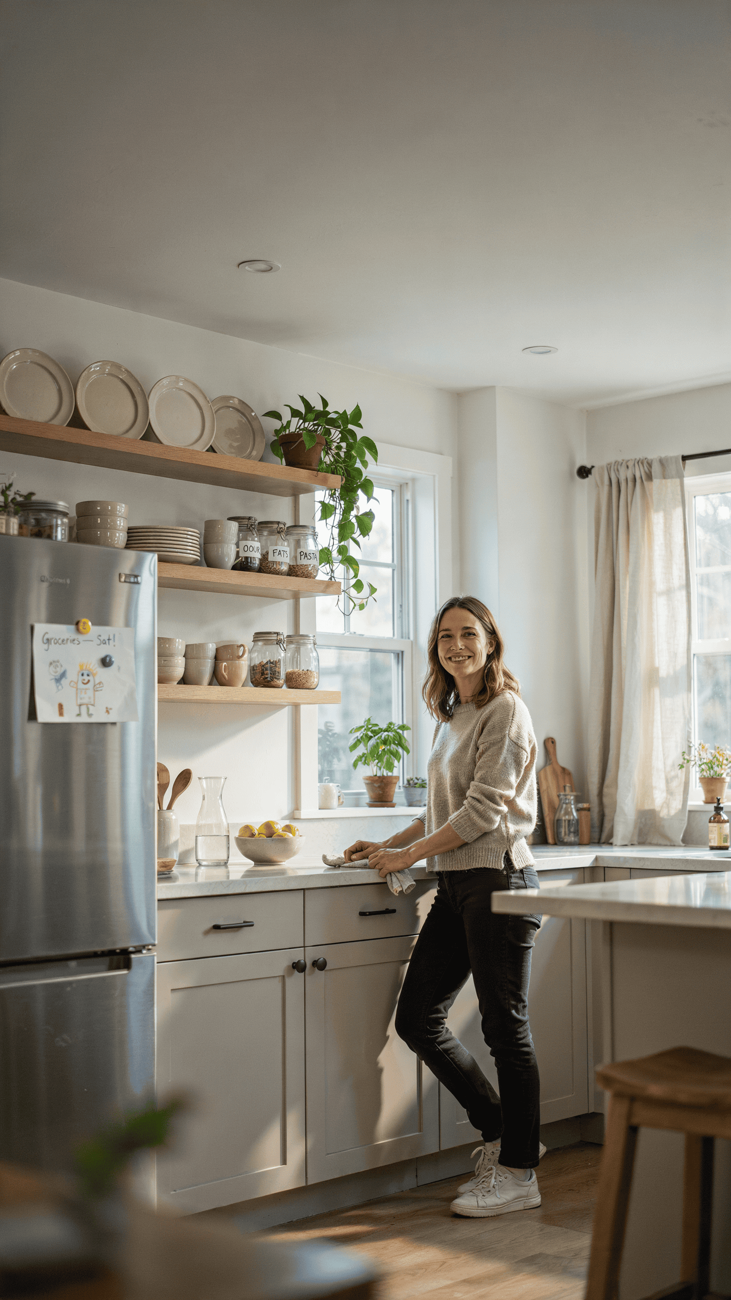 Happy homeowner smiling in a bright, clean, organized kitchen after decluttering.