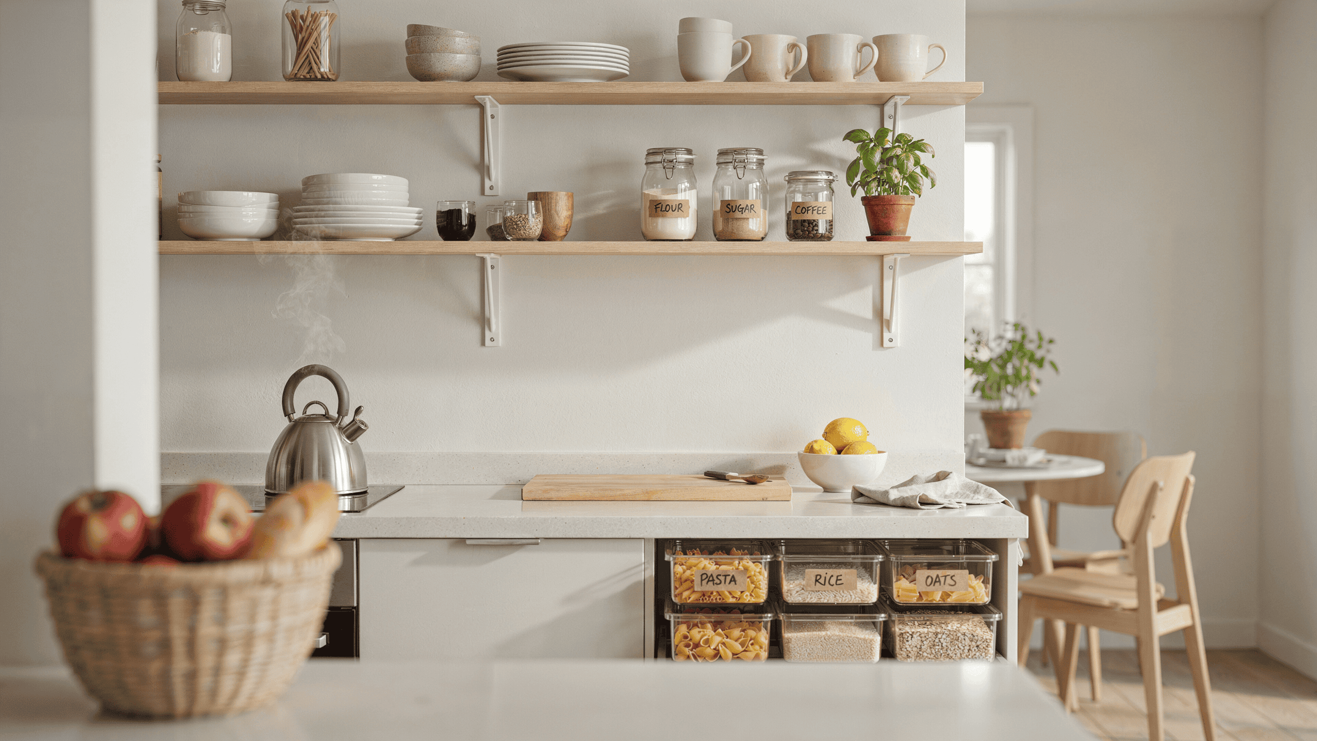 Peaceful organized kitchen showing the results of simple decluttering habits and smart storage solutions.