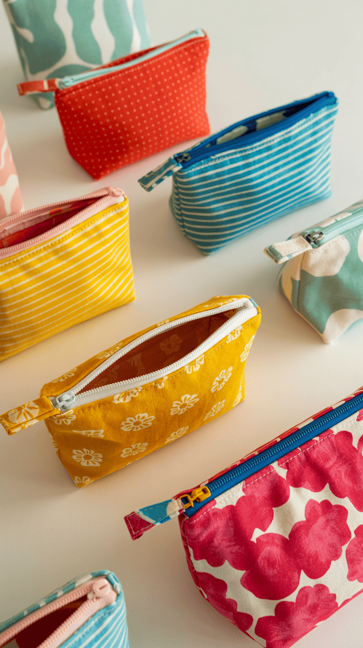 Handmade zipper pouches sewn from colorful cotton fabrics ready to sell online