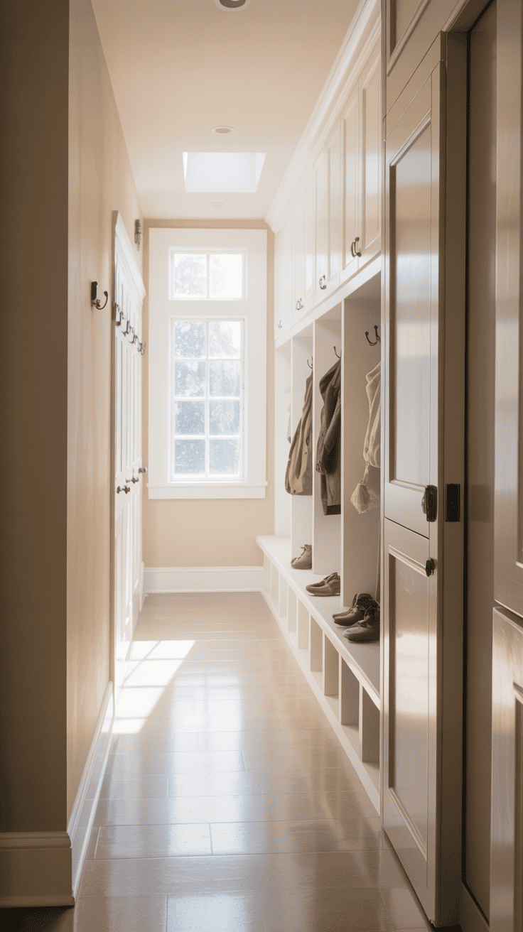 Bright narrow hallway mudroom with light walls, white storage, and an open airy appearance.