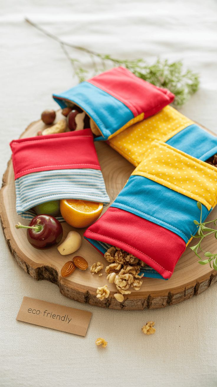 Reusable handmade snack bags made from colorful fabrics and displayed as eco friendly products
