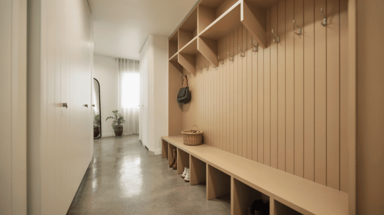 Minimalist narrow hallway mudroom with functional storage, simple decor, and an uncluttered layout.