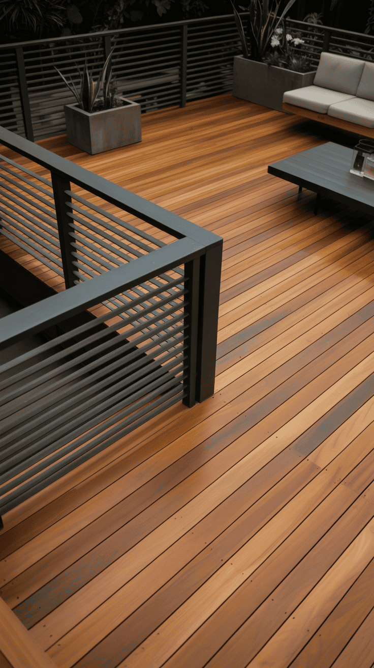 Light gray deck with natural wood accents and fresh contemporary outdoor styling