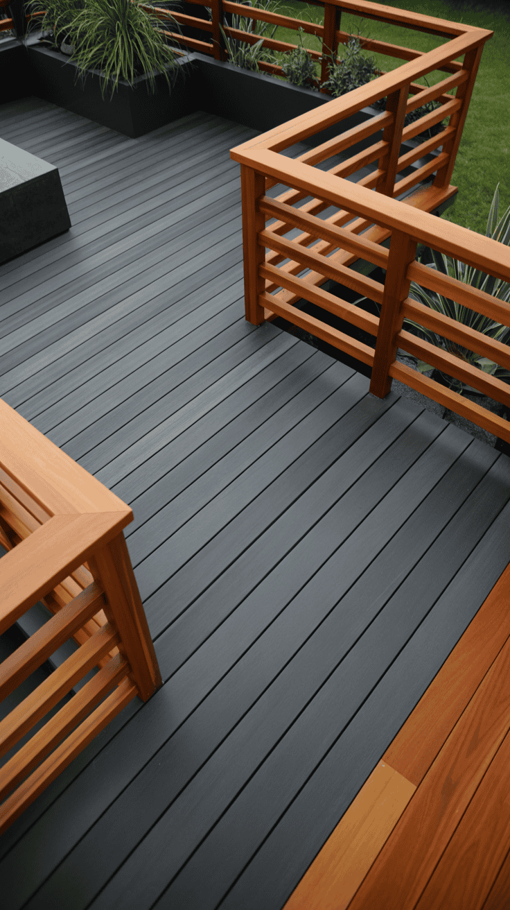 Two tone deck with charcoal deck boards natural cedar railings and contemporary outdoor styling