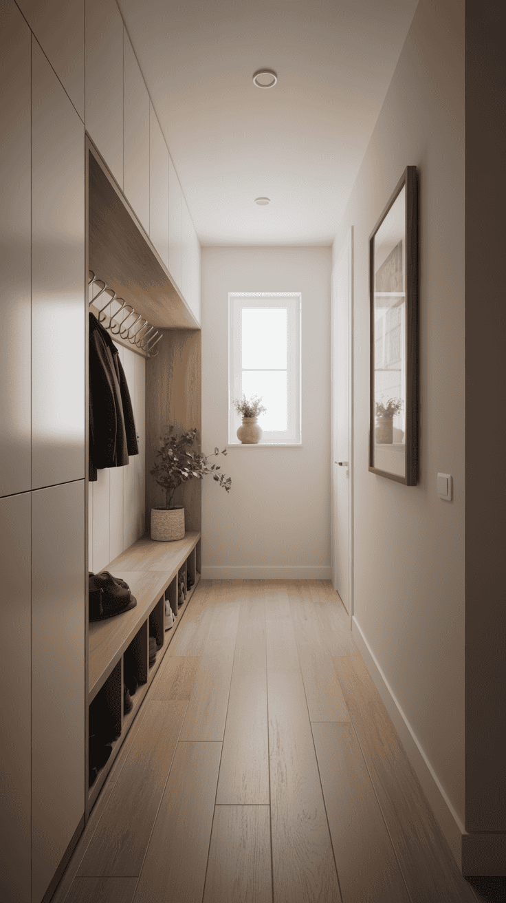 Minimalist narrow hallway mudroom with functional storage, simple decor, and an uncluttered layout.