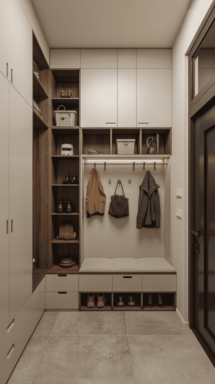 Floor-to-ceiling mudroom storage maximizing vertical space in a narrow hallway entryway.