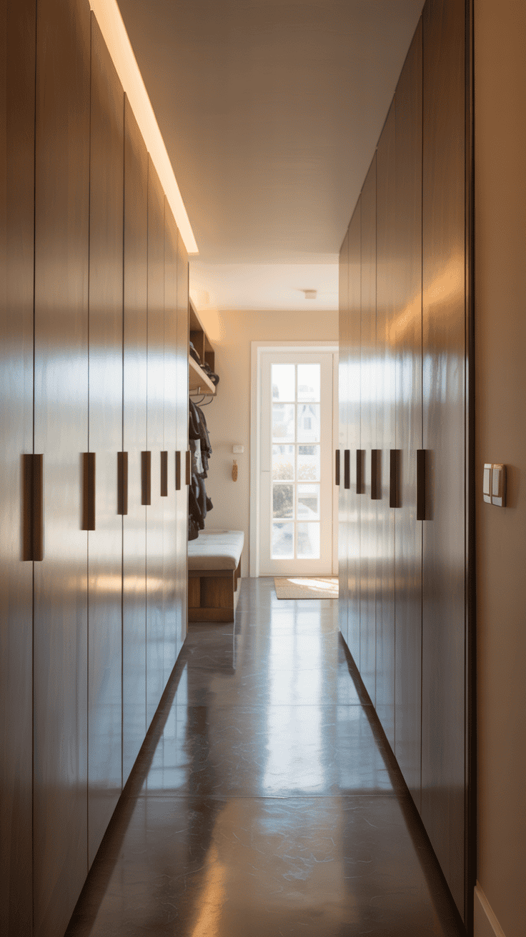 Narrow hallway mudroom with slim closed shoe storage cabinets creating a clean and organized entryway.