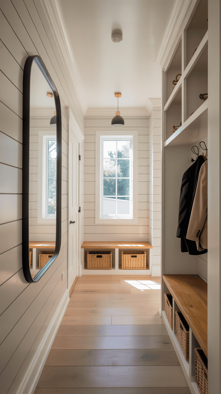 Narrow hallway mudroom with a large wall mirror reflecting light and creating a more spacious appearance.