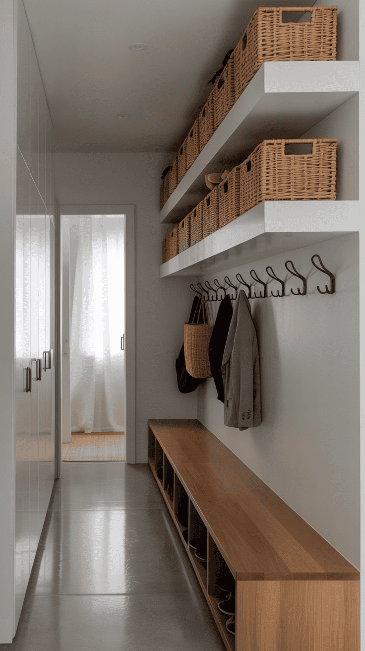 Narrow hallway mudroom with floating shelves above coat hooks and organized storage baskets.