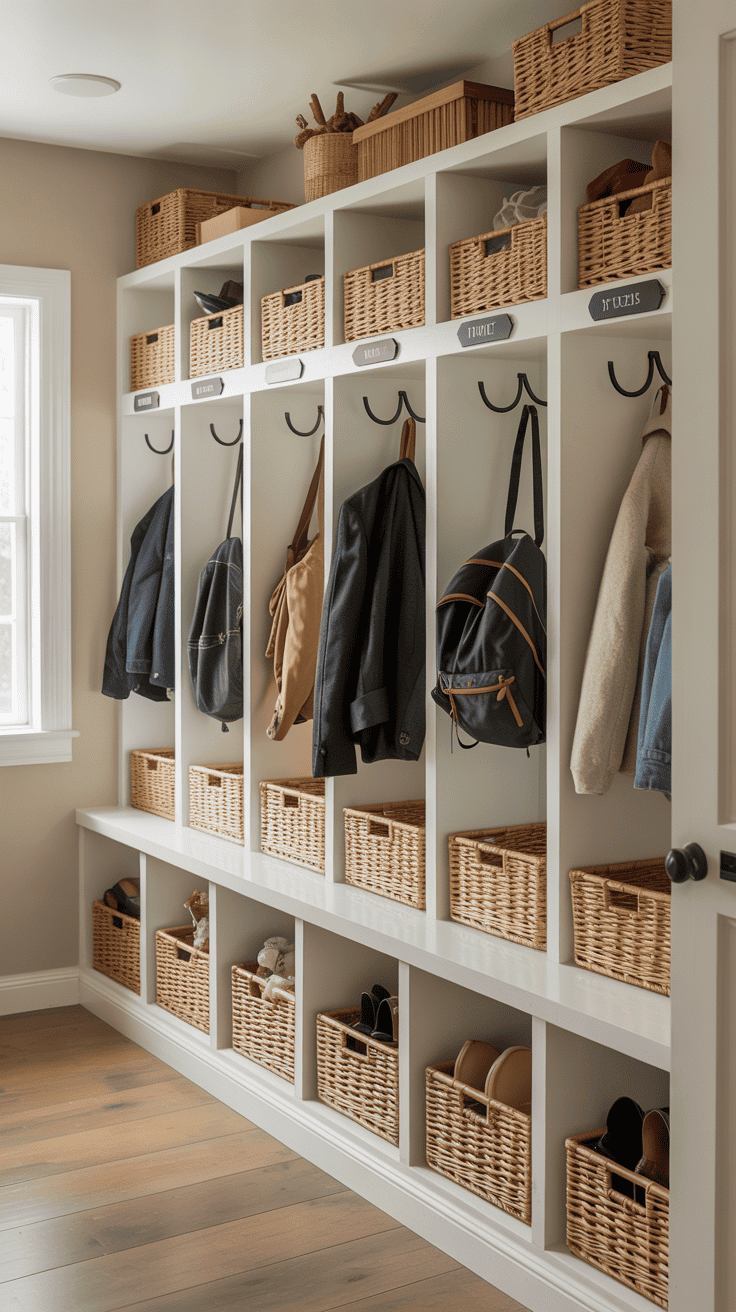 Built-in hallway mudroom cubbies with coat hooks, baskets, and organized family storage.