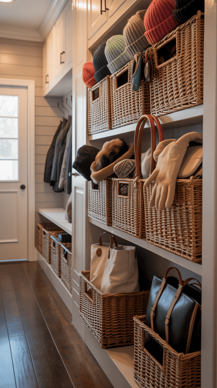 Mudroom baskets organizing gloves, hats, bags, and everyday essentials in a narrow hallway.