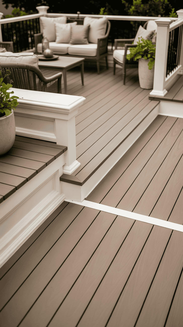 Greige two tone deck with white trim details and elegant outdoor styling