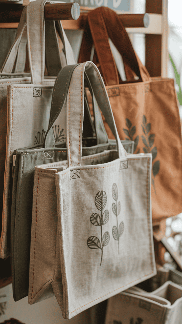 Reusable handmade grocery bags sewn from durable fabric and displayed for sale