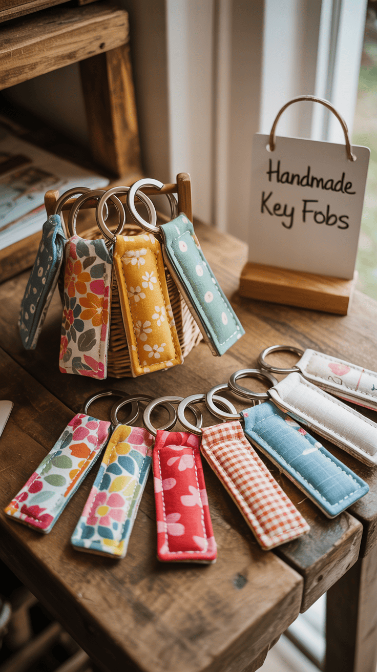 Handmade fabric key fobs displayed on a craft market table